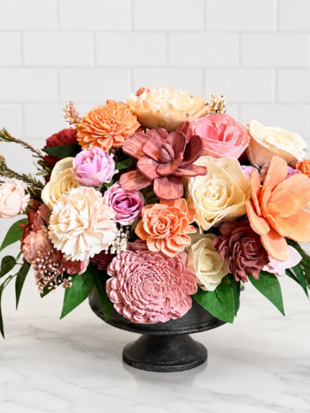 Cream Peach Burgundy Sola Wood Floral Arrangement in a compote vase home decor